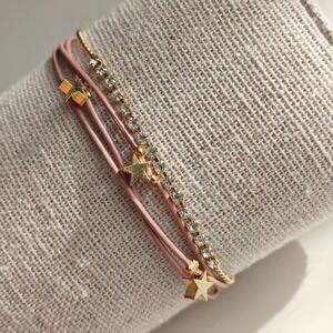 Pink Gold Star Multi-Strand Layered Bracelet Rhinestone Celestial Charm Wrap